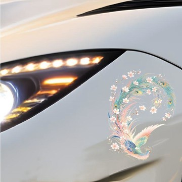 水彩櫻花鳳凰 個性創意車貼  國潮吉祥防水貼紙 電動車摩托車裝飾貼