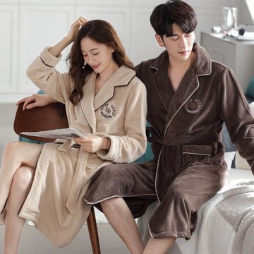 情侶睡衣女冬款珊瑚絨睡袍加長款法蘭絨加絨加厚男士浴袍大碼套裝