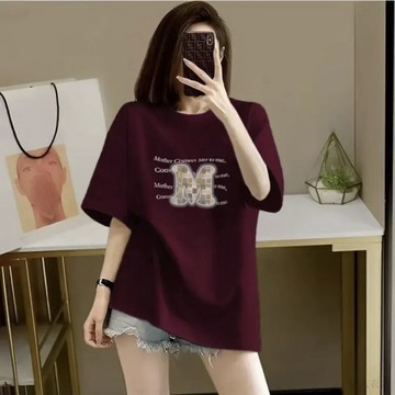 伊人衣舍 大碼女裝 純棉 印花短袖上衣 短袖T恤 女上衣 夏季新款 圓領 寬鬆長版短t 潮牌衣服 中長款 上衣