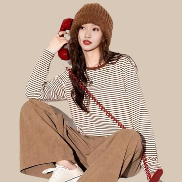 [PING'S🌞]條紋長袖T恤女春秋純棉休閒外穿上衣百搭撞色復古圓領氣質打底衫