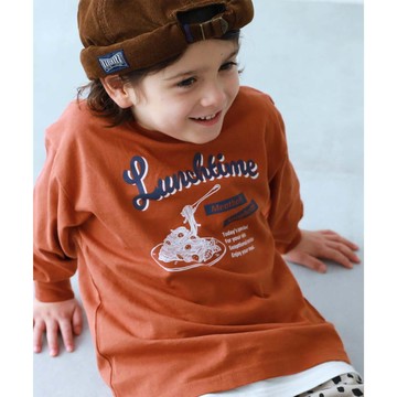 日本 devirock - 100%棉 印花寬鬆長袖T恤-義大利麵標語-胡蘿蔔橘