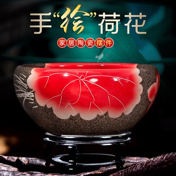 景德鎮陶瓷魚缸小型中式手繪家用客廳辦公室桌面睡蓮碗蓮裝飾擺件