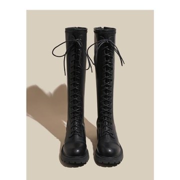 靴子女長靴2025新款冬季加絨超火長筒靴綁帶后拉鏈騎士馬丁靴長款