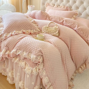 法式公主風加厚牛奶絨床裙四件套珊瑚絨床蓋花邊床單被套床上用品