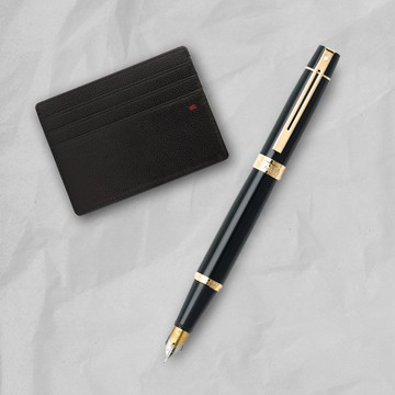 【SHEAFFER】300系列黑桿金夾鋼筆-F尖+經典卡夾禮盒 免費刻字