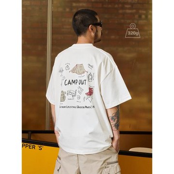 (免運)Quentin Marx日系男士重磅短袖T恤寬松休閑純棉戶外露營潮男Tee夏