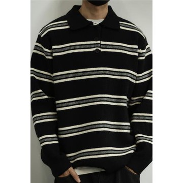 LH store 美式復古條紋POLO毛衣男秋寬松情侶翻領長袖針織衫上衣