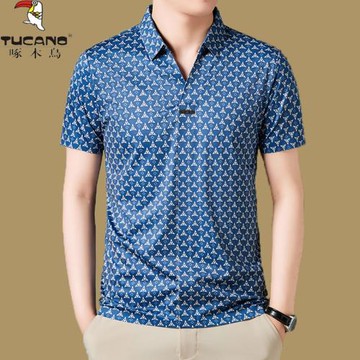 啄木鳥高檔冰絲短袖t恤男翻領桑蠶絲薄款半袖青年修身印花Polo衫