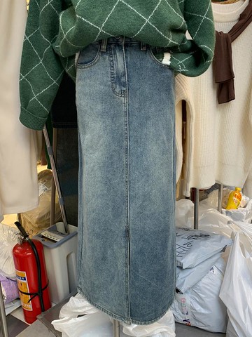 洗水設計感春季小清新個性做舊韓國東大門復古高腰開衩牛仔半身裙