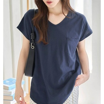 日本 Kobe Lettuce - 抗透汗 純棉V領口袋修身短袖上衣-海軍藍
