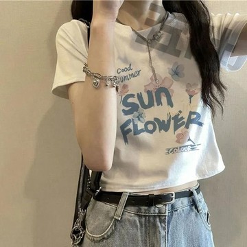 【限時下殺】100%流行美式上衣白色ins高腰顯瘦短袖學生純棉夏季t恤短款女新款