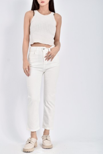 (S) hyunique高腰質感丹寧牛仔素面白色長褲