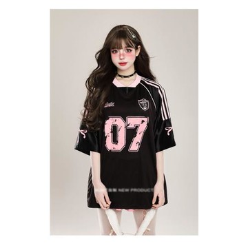 美式復古插肩拼接印花短袖t恤女夏季休閑運動風上衣寬松V領球衣潮