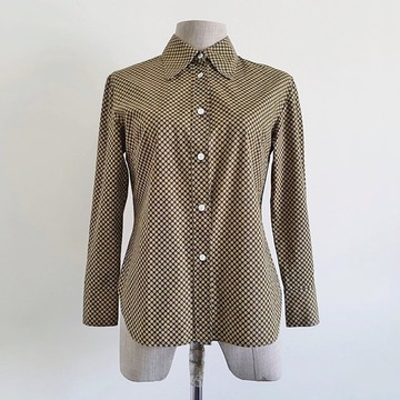 復古深藍黃花印花襯衫 女款 Bracelet 袖子 鈕釦領襯衫 XS