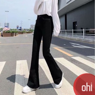 【ohi】女生修身牛仔褲 黑色高腰牛仔褲 女新款顯瘦高腰微喇褲  高彈力顯瘦薄款牛仔長褲(XGJL8770)