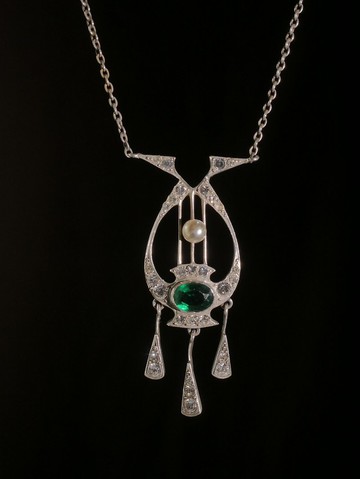 1920s 英國 裝飾藝術時期 純銀豎琴鉛玻璃吊墜項鍊