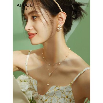 阿吉豆項鏈女山茶花專柜同款手串高級感氣質雙層疊戴珍珠手鏈耳環