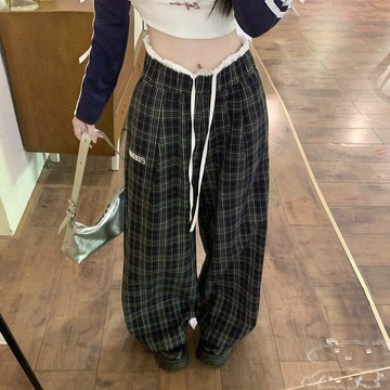現款免運 韓版休閒褲 闊腿褲 寬鬆長褲 ins韓版拼接格子褲垂感高腰寬鬆休閒直筒拖地美式復古格子闊腿褲N