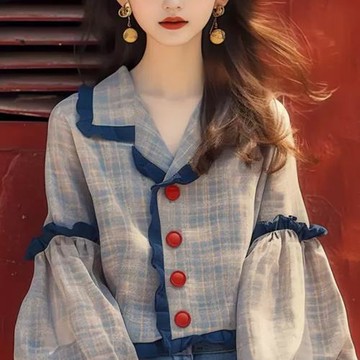 【LANNI 藍尼】★復古短版藍色格子襯衫(上衣/女裝/襯衫/休閒/百搭/通勤)