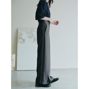 MeeLeeMeeLab原創紳士優雅免燙垂感高腰撞色織帶拼條寬松直筒長褲