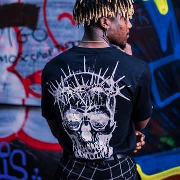 Oversize美式寬松大碼圓領骷髏印花T恤街頭嘻哈匪幫黑白復古短袖