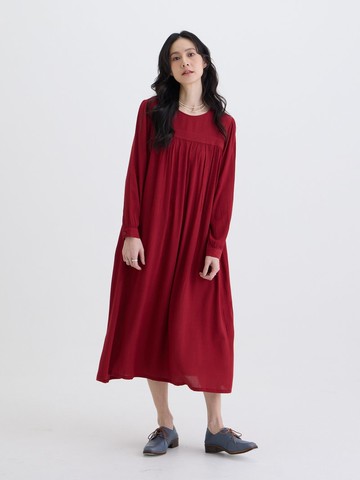 自由圓領拼接長袖洋裝-無花果紅