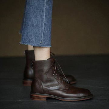 手工真皮~酷帥炸街！英倫復古系帶馬丁靴及踝靴女后拉鏈方頭短靴