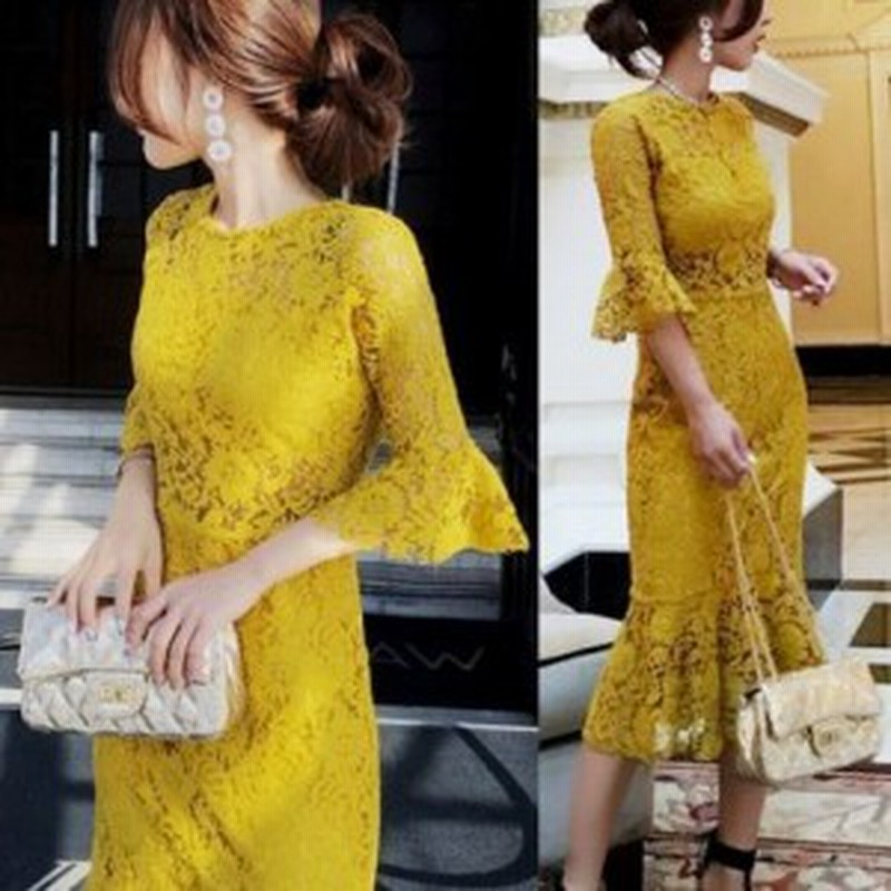 花柄 レース ロング ドレス 新作 ワンピース イエロー 鮮やか パーティー 体型カバー マーメイド フリル 19 秋 冬 新作 通販 Lineポイント最大1 0 Get Lineショッピング
