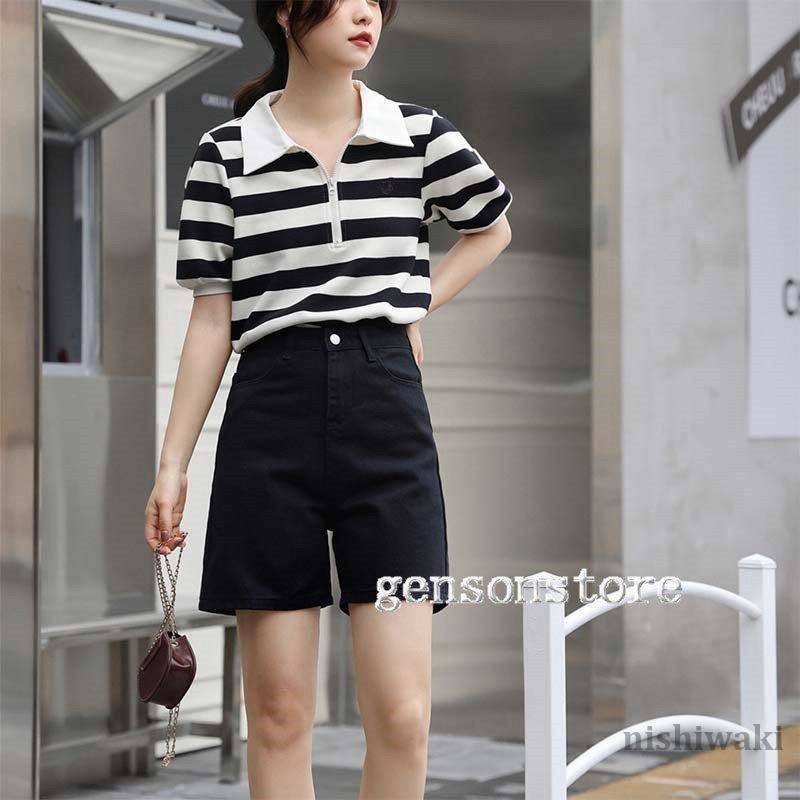 夏 ゆったり Tシャツ カットソー 襟付き バルーンスリーブ ボーダース 半袖 ポロシャツ レディース 無地 春夏 S M L 大きいサイズ ボーダートップス 半袖 ポロシャツ レディース 夏 ゆったり T