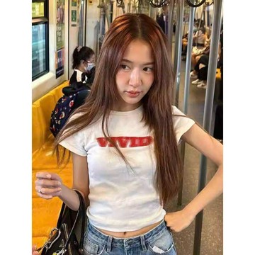 【WYZ】風短袖 韓國小衆設計感幻影字母印花夏季正肩短款修身顯瘦短袖T恤上衣女