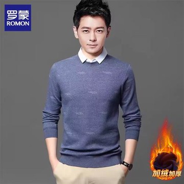 羅蒙毛衣男士2025年冬季加絨加厚打底毛線衣高端假兩件針織衫男裝