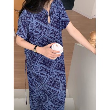 新中式可外穿棉綢加長款盤扣連衣裙短袖系繩睡衣睡裙女夏季人棉裙