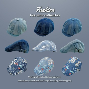藍色前進帽春秋畫家帽女休閑時尚貝雷帽夏季百搭八角帽牛仔藍帽子