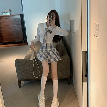 學院風JK套裝全套秋裝2021年新款休閑短款POLO衫格子百褶裙兩件套