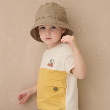 PIPPY清新兩色拼接工裝雙口袋刺繡抽繩短袖上衣 黃