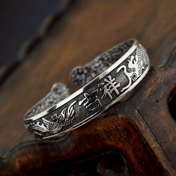 經典款復古雕刻龍鳳吉祥圓頭開口苗泰銀手鐲民族風開運男女款銀飾