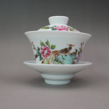 慎德堂粉彩壽桃紋蓋杯蓋碗三才杯 景德鎮茶具古玩古董仿古陶瓷器