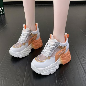 網紗款夏季運動風格休閑單鞋女厚底圓頭系帶時尚老爹鞋