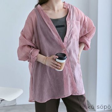 【ehka sopo】透明抓皺質感排釦立領襯衫