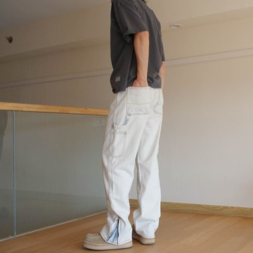 脫色洗白復古寬松直筒喇叭褲拉鏈牛仔工裝長褲 日系 寬鬆 百搭