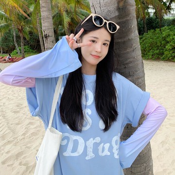 寬鬆成人冰絲防曬袖套-漸層款-粉+藍 (F(約48x12cm))