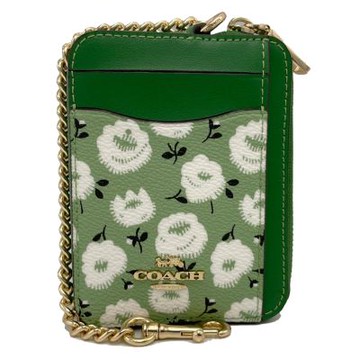 COACH 新款花卉證件卡夾層鏈帶零錢包(花卉綠)