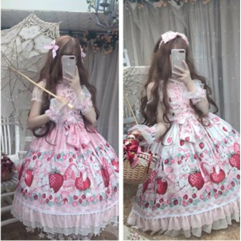 夏ピンクイチゴ柄可愛いjskゴスロリワンピース ドレス ロリィタ Op膝丈 Lolita ロリータ コスプレ エプロン 日常洋服リボン 通販 Lineポイント最大6 0 Get Lineショッピング
