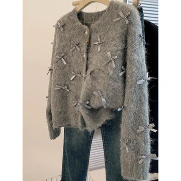 品牌折扣蝴蝶結設計馬海毛毛衣女2025春秋新款設計感慵懶針織開衫