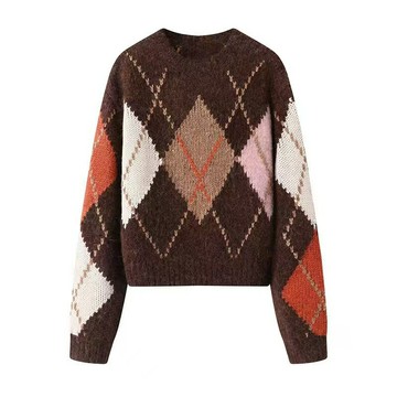 現貨2024冬季新款復古撞色菱格紋美拉德提花圓領針織衫毛衣鑫弘-素時衣櫥