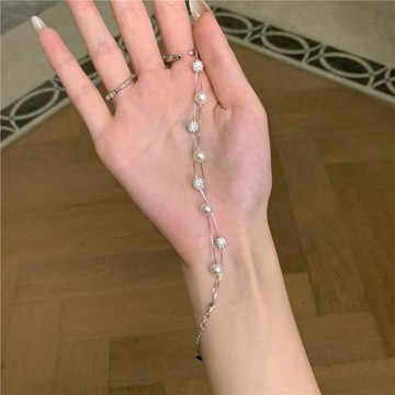 S925純銀法式雙層鋯石香巴拉球貝珠天然淡水珍珠手鏈高級小眾設計