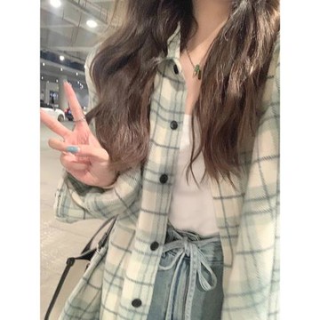 綠色設計感小眾格子襯衣外套女2026新款小個子春日襯衫長袖上衣