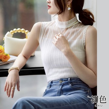 初色  微透膚蕾絲直條背心上衣-共2色-67090(F可選)