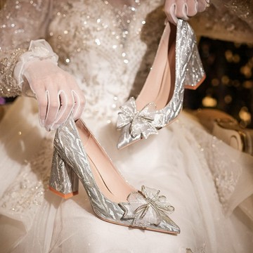 VIVILIAN獨家訂製款-網紗蝴蝶結粗跟單鞋婚鞋