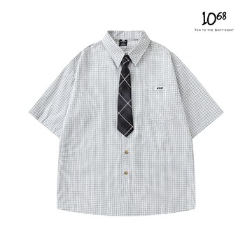 『1068』韓系 學院風 格紋 附領帶 寬鬆感 格子襯衫 套裝感 情侶 男女 百搭 短袖 上衣 襯衫【A91160】